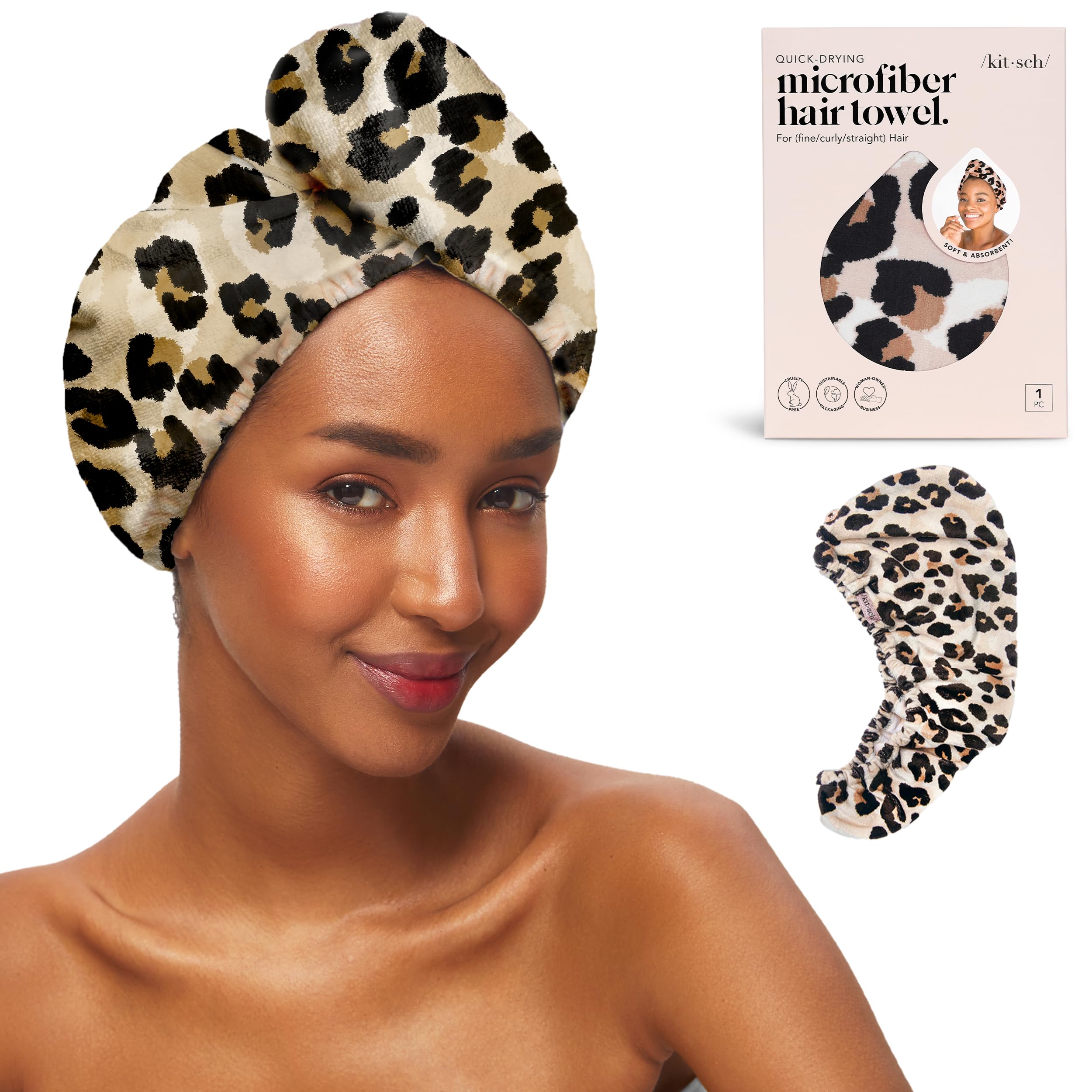 Kitsch Microfiber Hair Towel Wrap for Women – Ultra Absorbent Microfiber Bath Towels for Wet, Curly, Long or Short Hair – Anti-Frizz Hair Wrap, Great Hair Care Gifts for Women – Leopard
