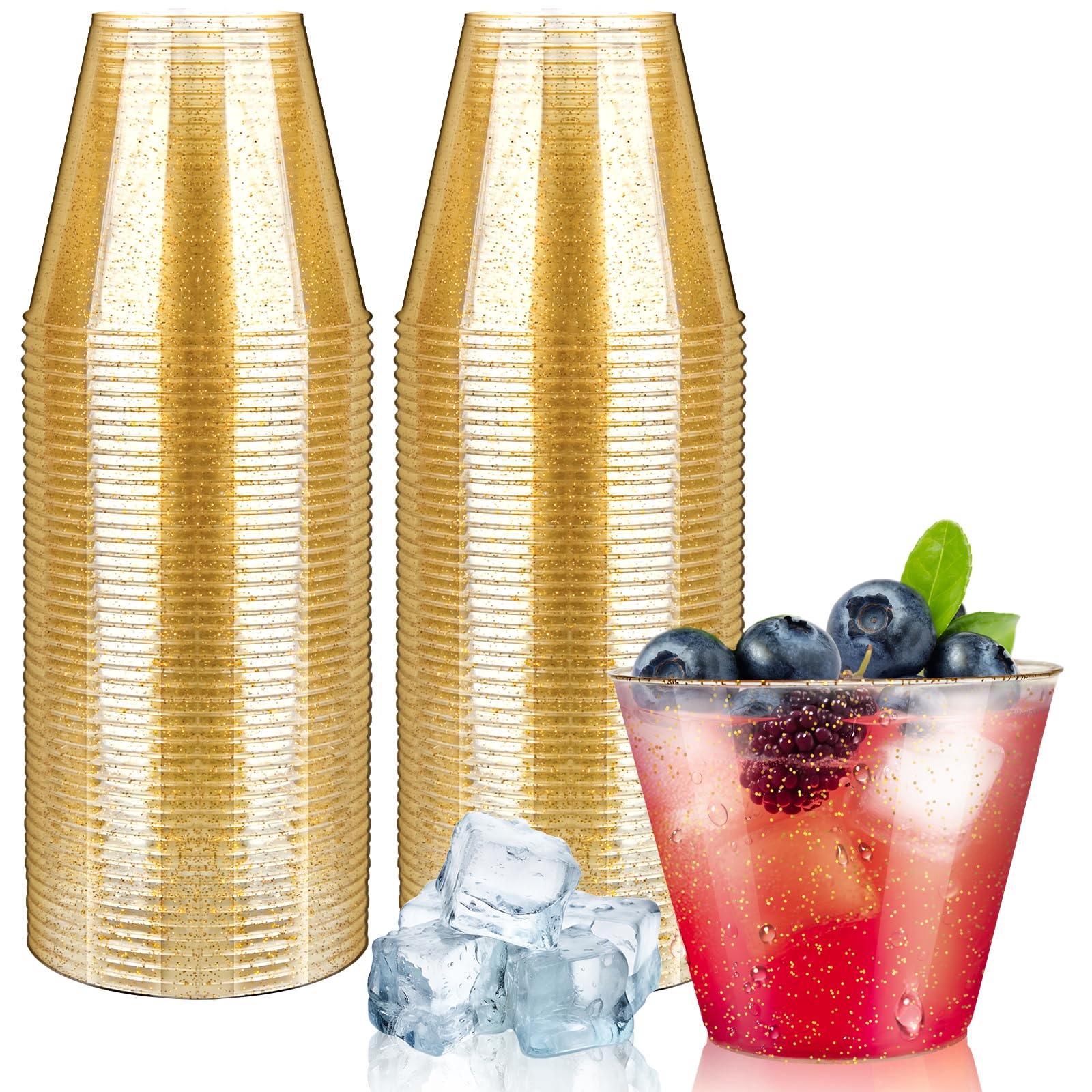 Photo 1 of [100 Pack] 9oz Plastic Cups with Gold Glitter Sturdy & Food Safe Disposable Wine Glasses Party Wedding Cups Disposable Drinking Cups Plastic Cocktail Glasses for Wine, Cocktails & Cold Beverages