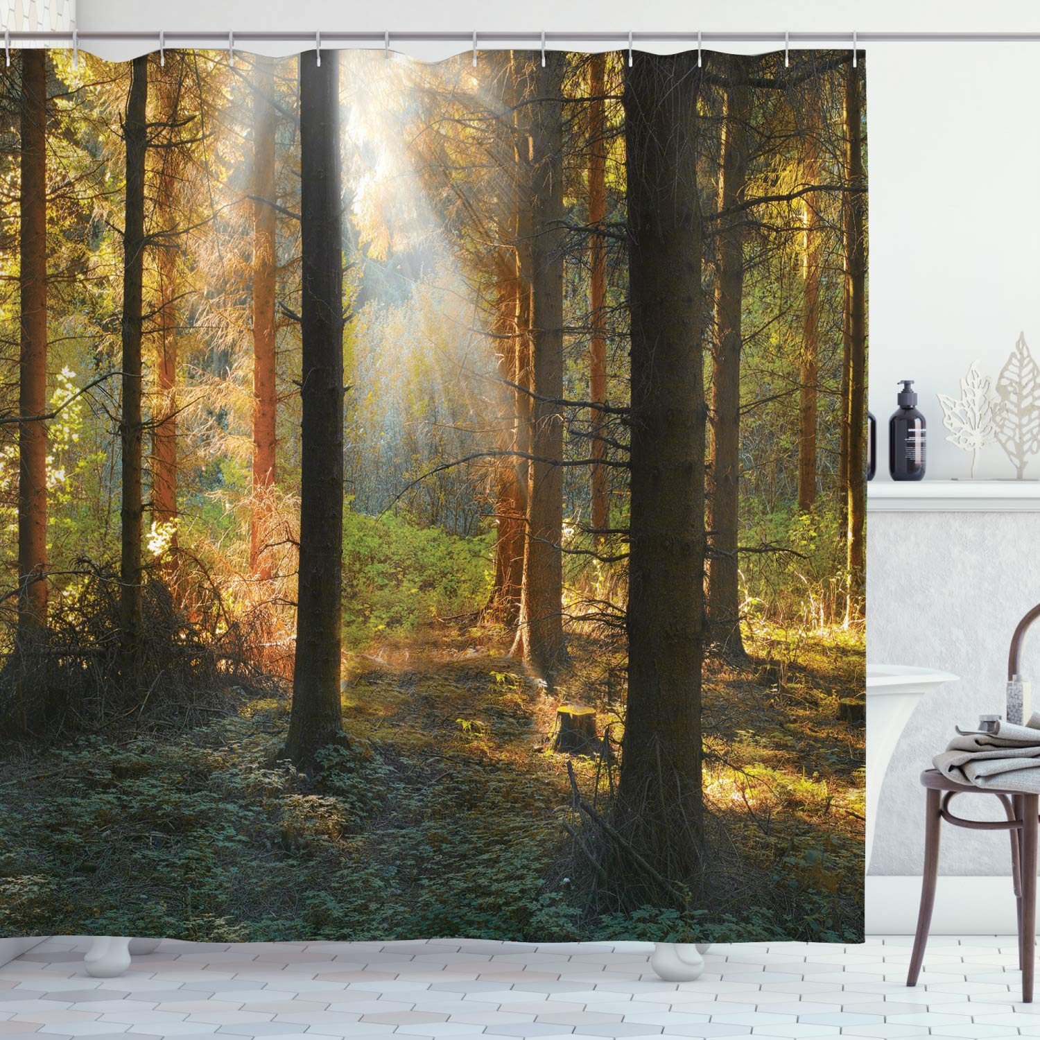 ABAKUHAUS Forest Shower Curtain, Sunset View of Dark Pine Woodland in Autumn Foggy Scene Sunbeams Trunks Shadow, Cloth Fabric Bathroom Decor Set with Hooks, 175 x 200 cm, Green Orange