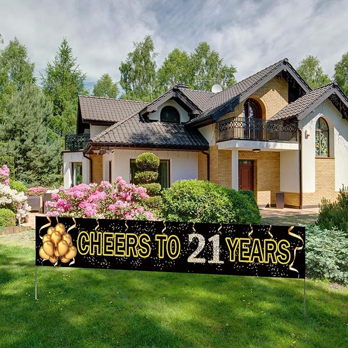Cheers to 21 Years Birthday Banner - Black Gold (9.8feet X 1.6feet)