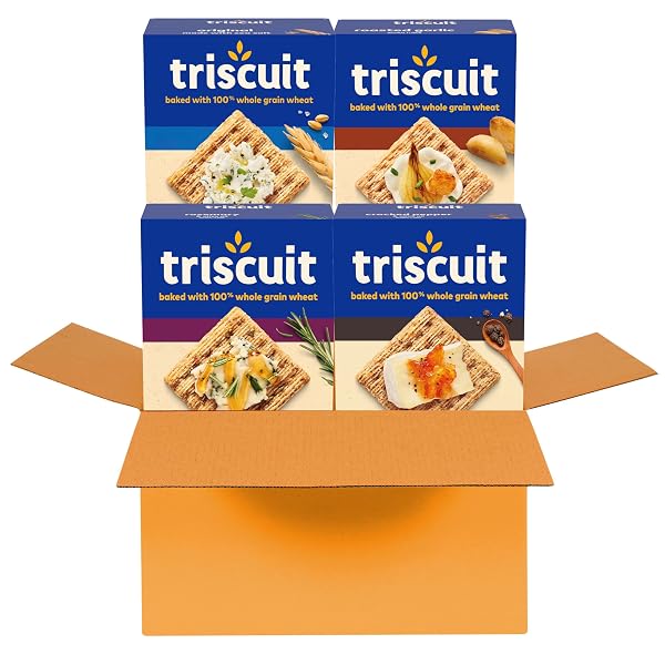 TRISCUIT WHOLE GRAIN WHEAT CRACKERS 4 FLAVOR VARIETY PACK, LUNCH SNACKS, BULK SNACK CRACKERS, 4 BOXES