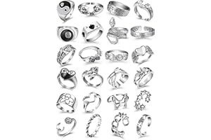 FAXHION Vintage Silver Open Punk Rings for Men Women, 24PCS Adjustable, Alt, Chunky, Hippie, Gothic, Statement Stacking, Skull Snake Star Flower Heart Eboy Emo Y2K