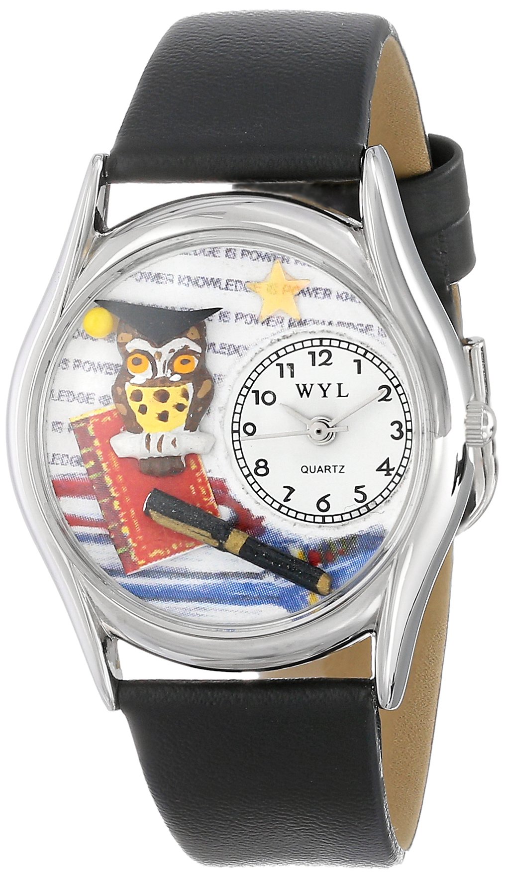 Whimsical Watches Knowledge is Power Black Leather and Silvertone Unisex Quartz Watch with White Dial Analogue Display and Multicolour Leather Strap S-0640006