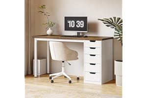 LITTLE TREE 47 inches Rustic Brown Computer Desk with 5 Drawers, Modern Simple Home Office Desk Writing Desk with Drawers