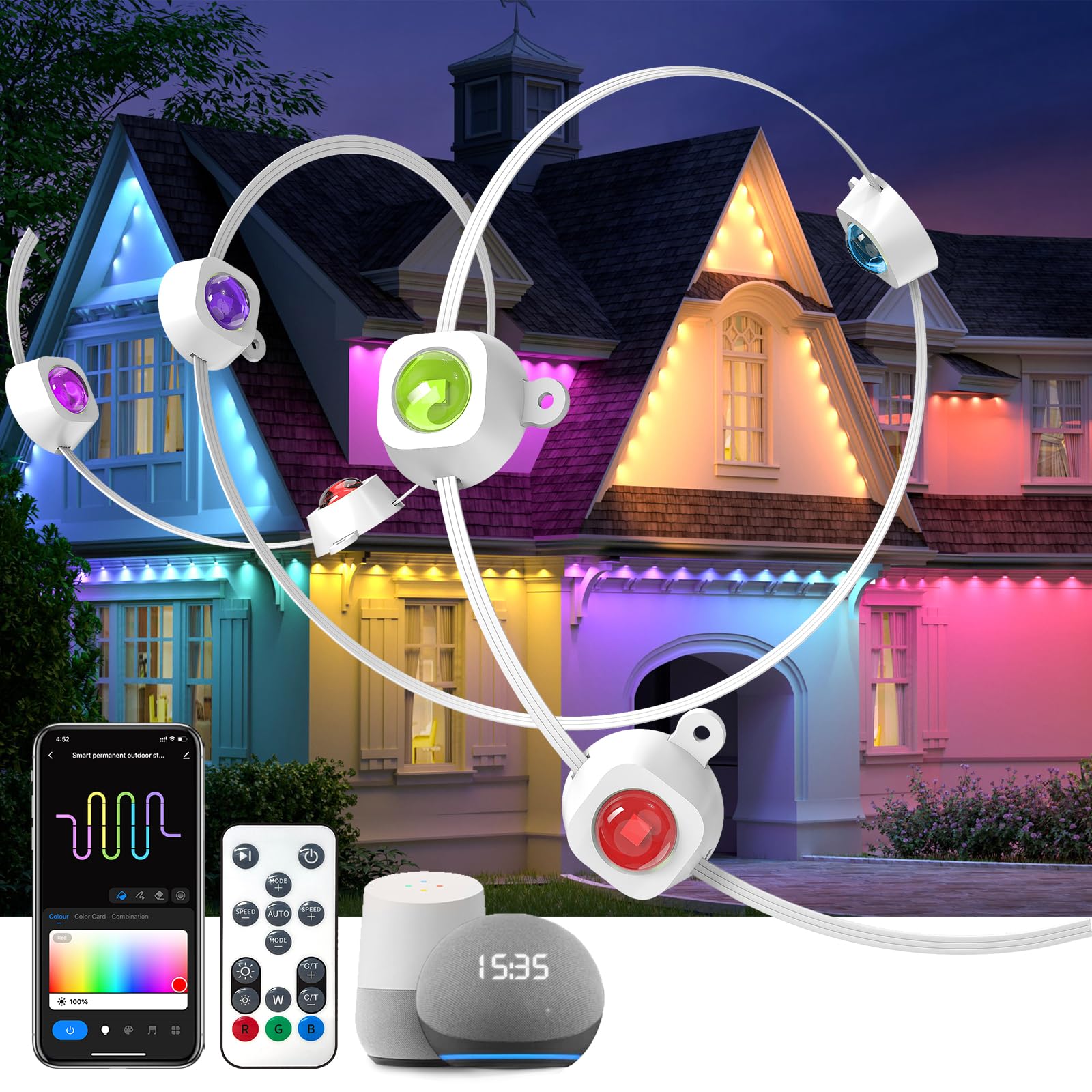 Photo 1 of deerdance Permanent Outdoor Lights for House 100ft Smart ICRGB Outside Light Eaves Lights for Christmas All Holiday Decorations Trim Light Year Round String Light Work with Alexa, Google (100ft)