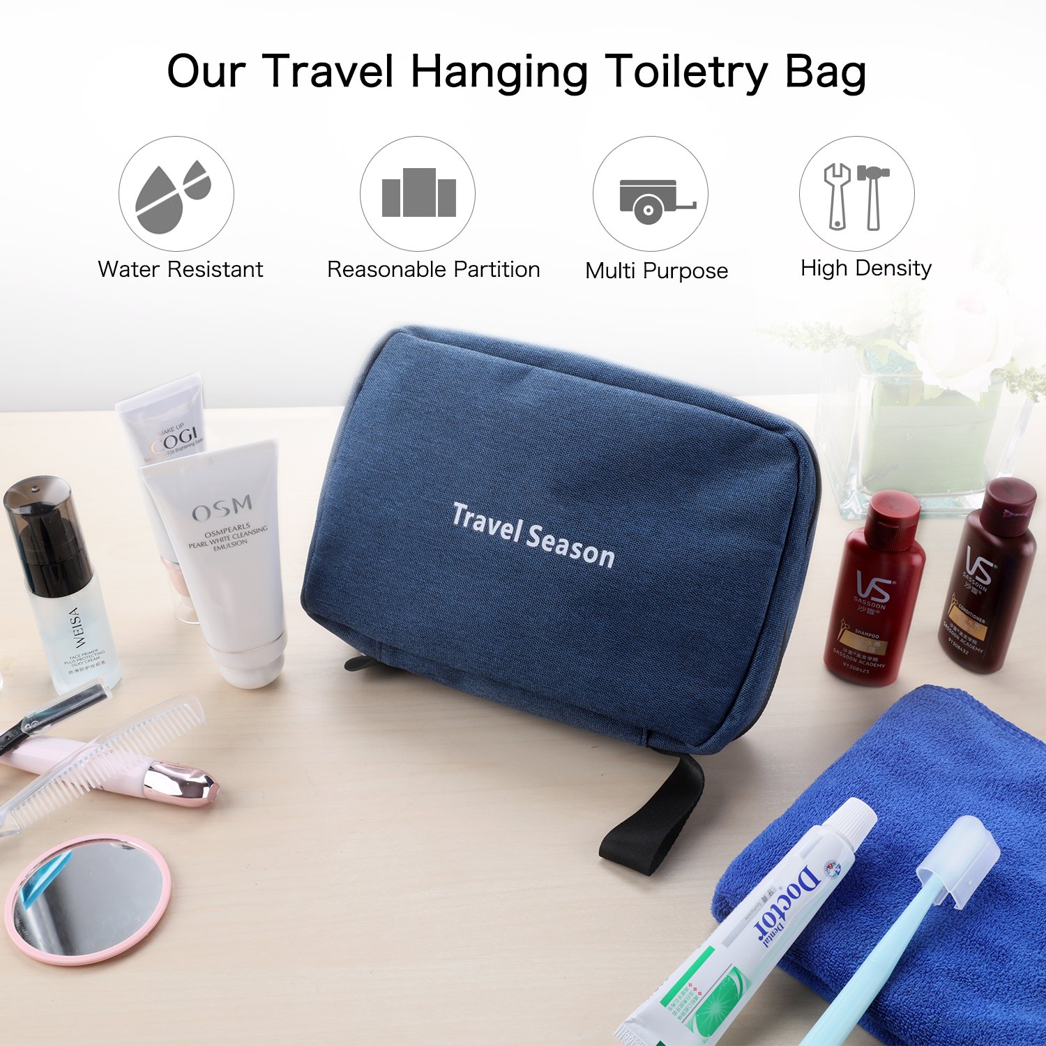 Vivefox Hanging Toiletry Bag Travel Kit Bathroom Bag Cosmetic Makeup Organizer Shaving Kit for Men & Women (3-Layer, Navy blue)