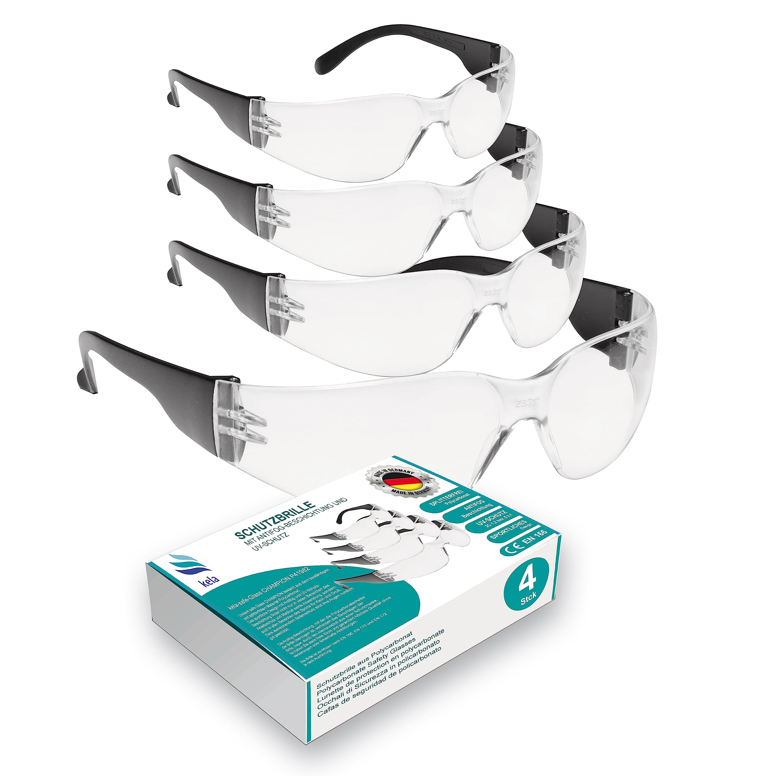 kela 4x Safety Glasses CHAMPION | Made in Germany | Transparent shatterproof scratch-resistant work safety eyewear | anti-fog UV protecion, sports glasses
