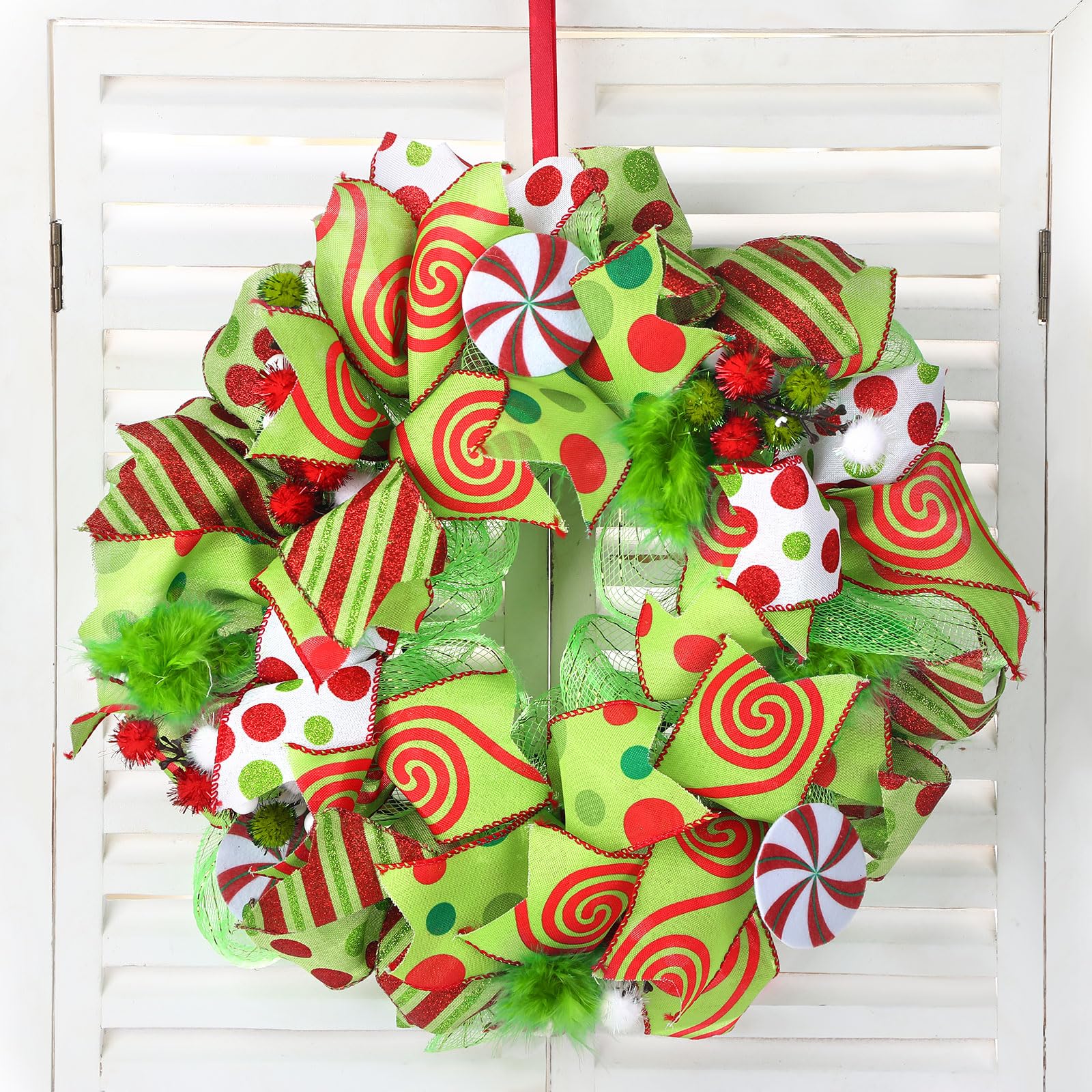 Photo 1 of Knitgrip 14 Inch Christmas Door Wreath Christmas Front Door Decoration Wreath Red and Green Ribbon Wreath Christmas Door Reef for Indoor Outdoor Garland Porch Window Wall Xmas Tree Fireplace Mantel