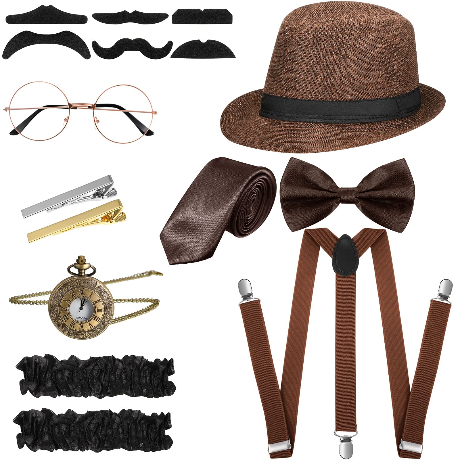 Blulu 1920s Men Costume Accessories Set Roaring Retro Gangster Costume, Hat, Bow Tie, Pocket Watch, Suspender, Glasses, Beard, Armband Garters, Tie Clips (Brown, Simple Style)