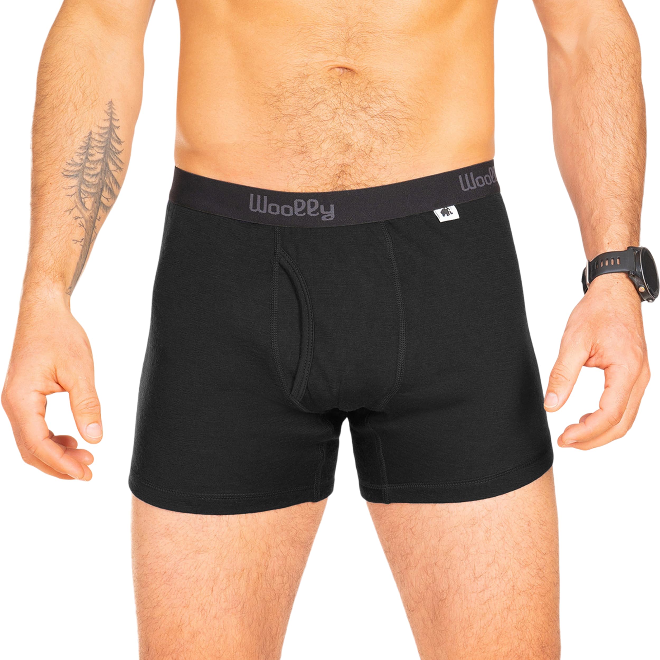 Photo 1 of Men's Merino Boxer Brief, 5" Inseam By Woolly | RWS Certified | Soft, Stink Free, Seattle Designed - Black - L
