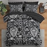 Pamnest Comforter Set Queen Size, Medieval Retro Halloween 7 Pcs Bedding for Kids and Adults, Gothic Vintage Bed Sheet Sets with Fitted Sheet 2 Pillowcases & 2 Shams for Bedroom Bed Decor