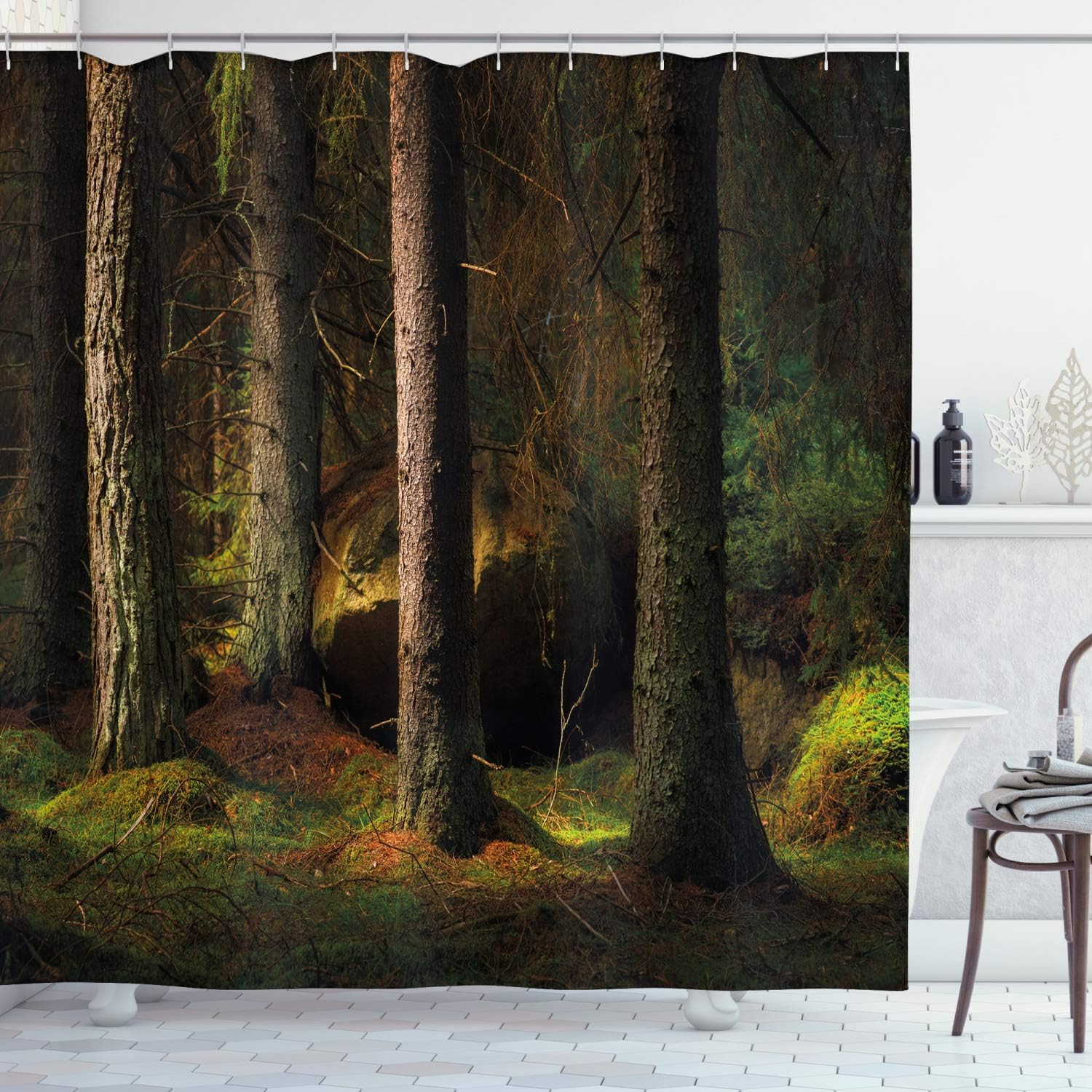 Amazon Com Ambesonne Magic Shower Curtain Deep Dark In The Enchanted Forest With Trees In Evening Mystical Theme Cloth Fabric Bathroom Decor Set With Hooks 75 Long Green Brown Home Kitchen