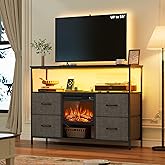 BREEZEHEAT Fireplace TV Stand with 4 Fabric Drawers, LED Entertainment Center with Power Outlets and Open Shelf, TV Stand Dresser for 50, 55 inch TV, for Living Room, Black