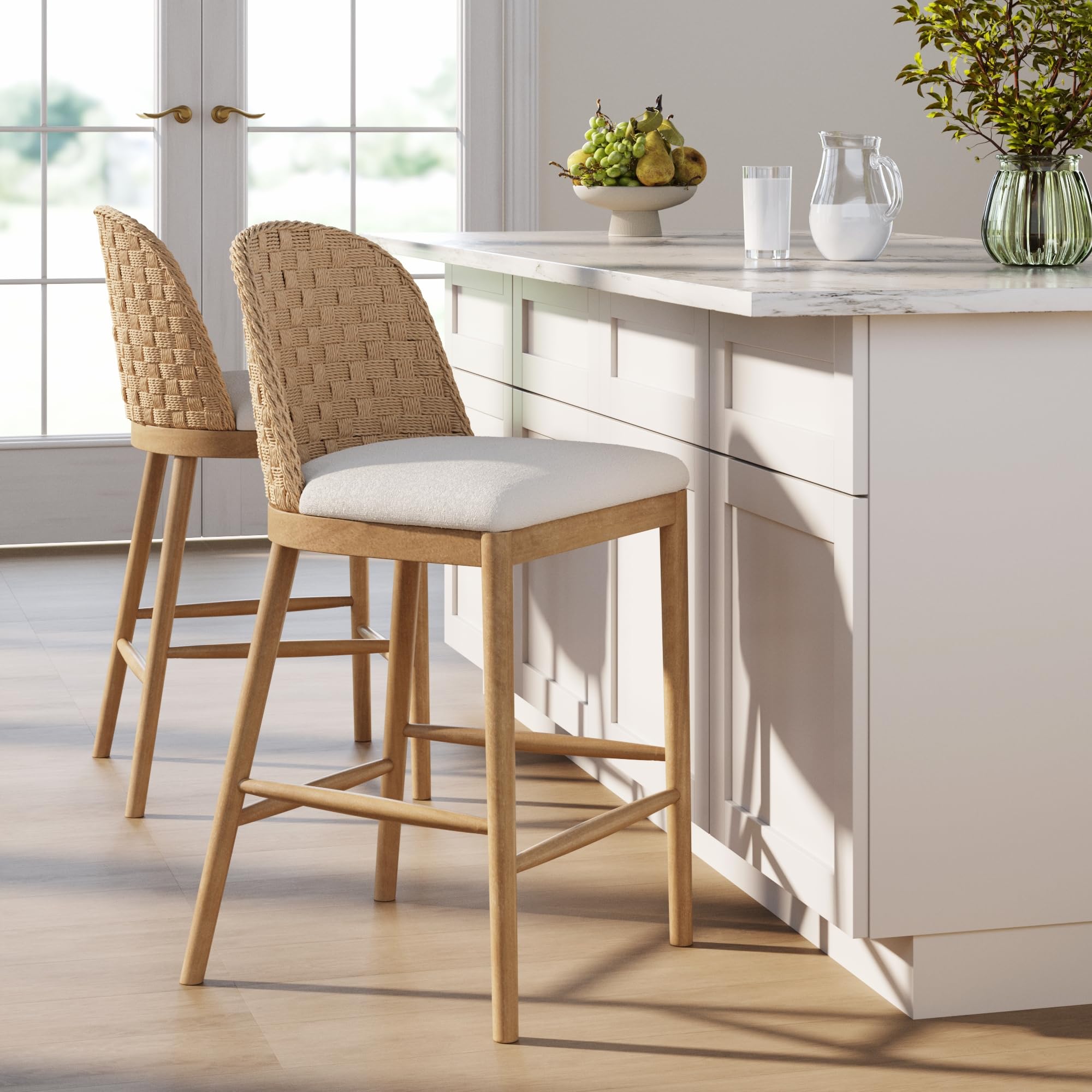 Photo 1 of Nathan James Rikki Seagrass Bar Stool with Back, 2-Pack Boucle Counter Stool with Upholstered Seat, Solid Wood Frame, and Woven Seagrass Backrest