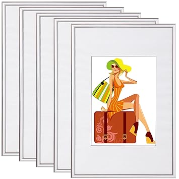 WOLTU BR9861sb-5 Bilderrahmen 5er Set mit Passepartout Kunststoff Rahmen, Glasvorderseite, Silber, 20x30 cm