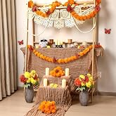 AceOrbit 88 Pcs Dia De Los Muertos Ofrenda Altar Decor Set, Orange | 18 Felt Banner, 2 Artificial Marigold Garland (60 Flower), 6 Butterfly, 2 Bead Garland, 2 Tablecloth, Day of the Dead Decor