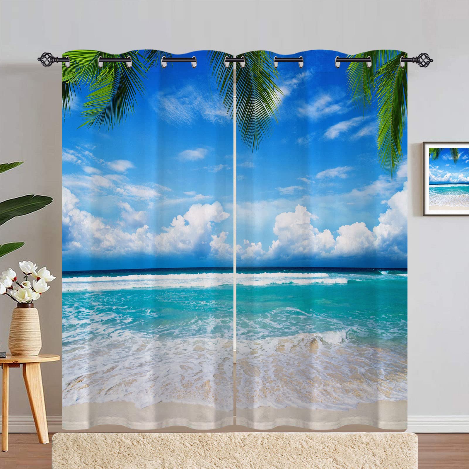 ANHOPE Beach Curtains Eyelet 80% Blackout Room Darkening Curtains with Coastal Seaside Ocean Palm Tree Print Pattern Thermal Insulated Window Drapes for Bedroom Living Room 46 x 72 Inch Drop 2 Panels