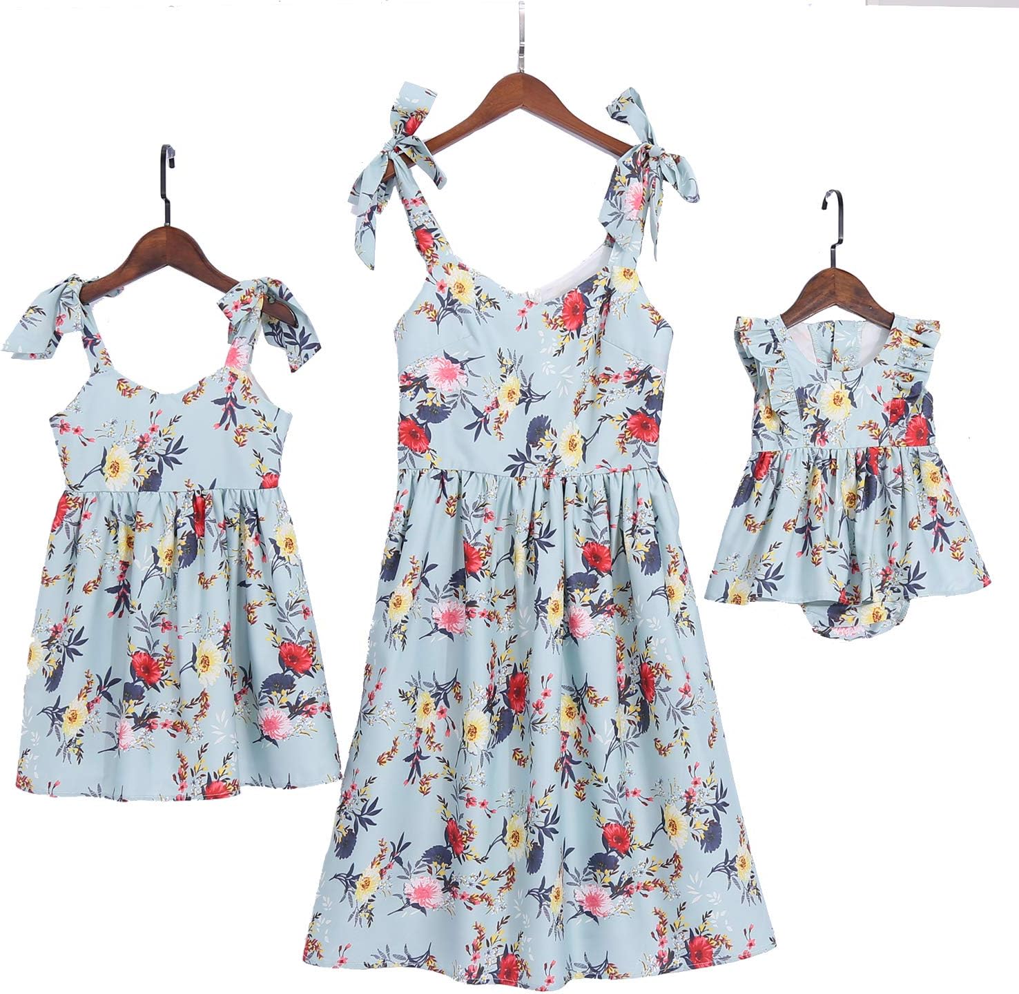 Mommy and Me Dresses Sweet Floral Print Bowknot Halter Shoulder-Straps Chiffon Dress