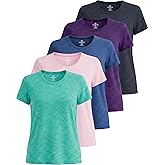Real Essentials 5 Pack: Women's Short Sleeve T-Shirts Workout Tops Fitness Pilates Gym Activewear Athletic (Plus Available)