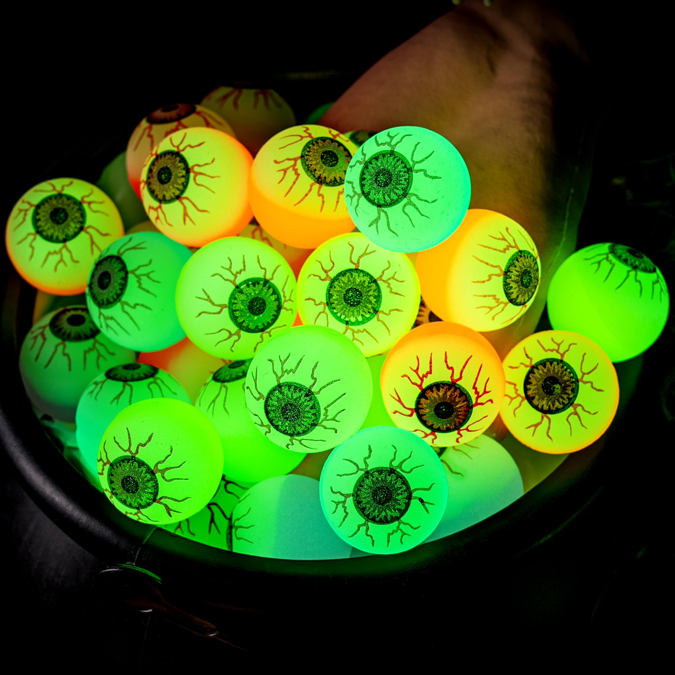 Photo 1 of JOYIN 36 PCS Halloween Glow Eyeball Bouncy Ball, Glow in The Dark Bouncing Balls for Halloween Party Favors, Glowing Bounce Ball for Party Decorations, School Classroom Game Prizes Kids Gift