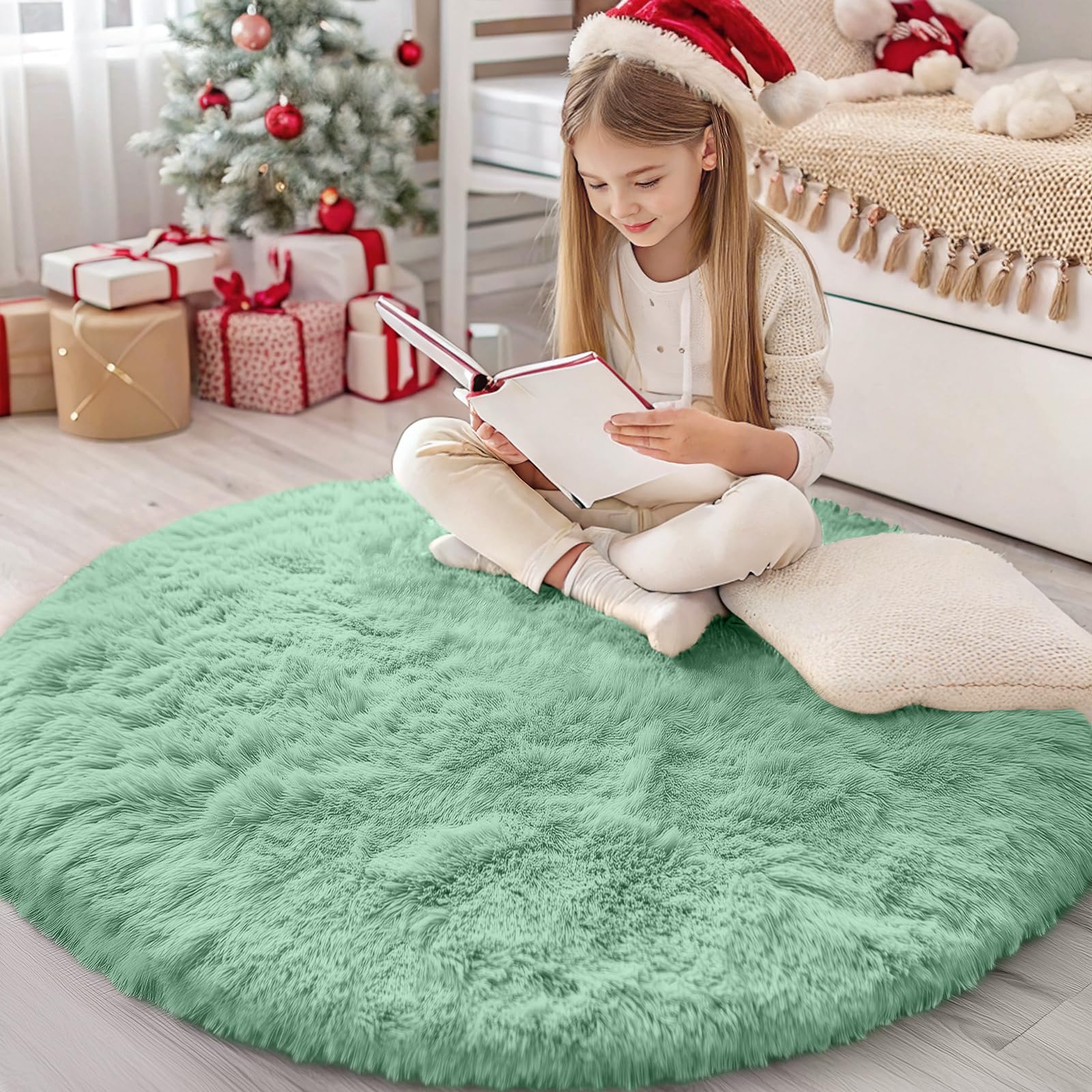 Photo 1 of OLANLY Mint Green Round Rugs for Bedroom - Machine Washable, 4 ft Circle Area Rugs for Living Room, Soft and Fluffy Shaggy Carpet for Teen Girls and Boys, Nursery Rooms, Dorms, Home Decor Aesthetic