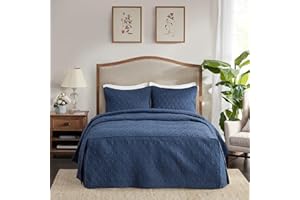 Madison Park Quebec Split Corner Quilted Bedspread Classic Traditional Design All Season, Lightweight, Bedding Set, Matching Shams, Queen, Damask Quilted Navy 3 Piece