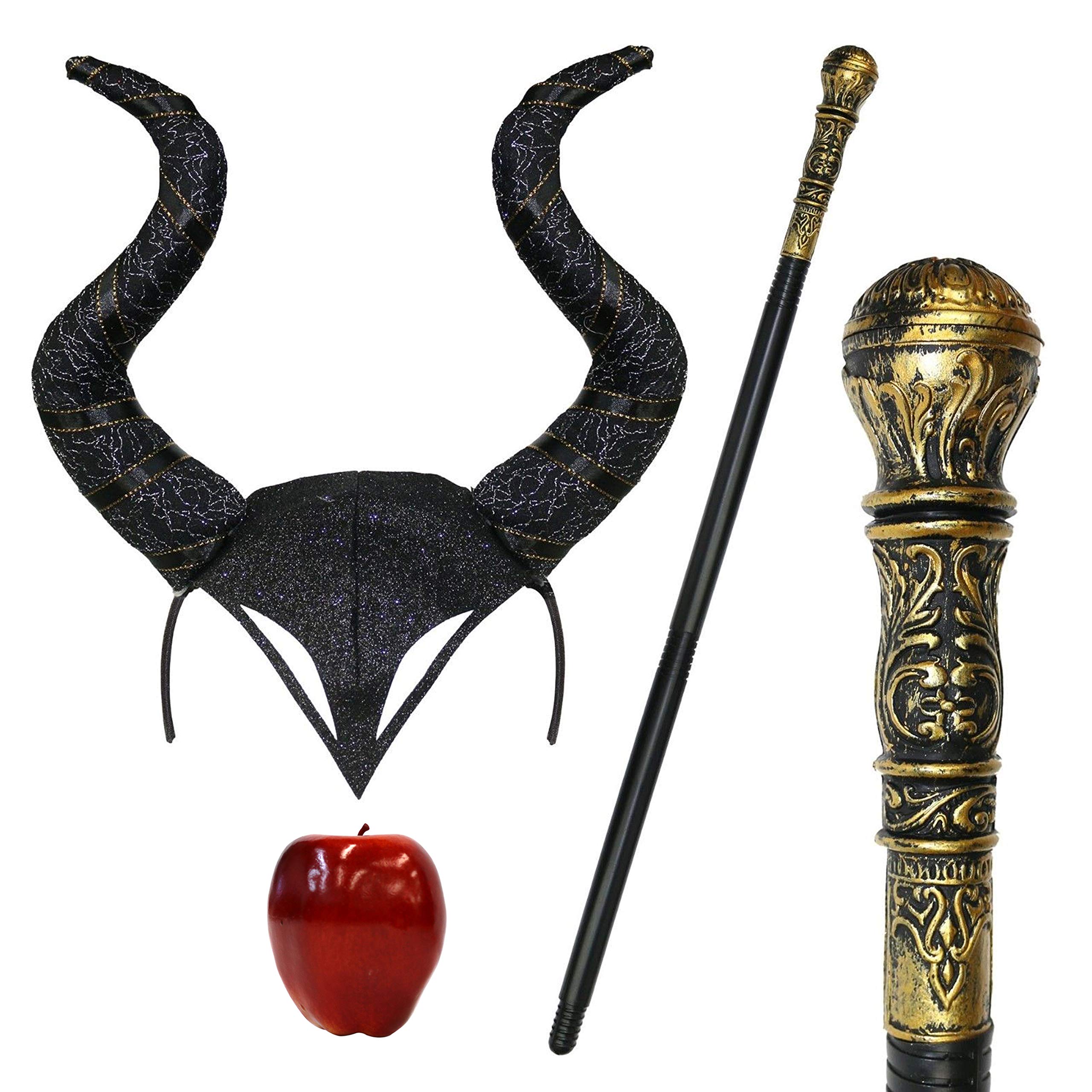 Robelli Evil Witch Women Halloween Gothic Horn Cosplay Fancy Dress Headband, Apple & Staff - Black