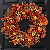 Thanksgiving Fall Wreath for Front Door 26 Inch Berries Autumn Wreaths | Handmade Fall Wreaths with Maple Leaves,Tulip and Berries, for Home Indoor Outdoor Halloween Harvest Porch Holiday Decor
