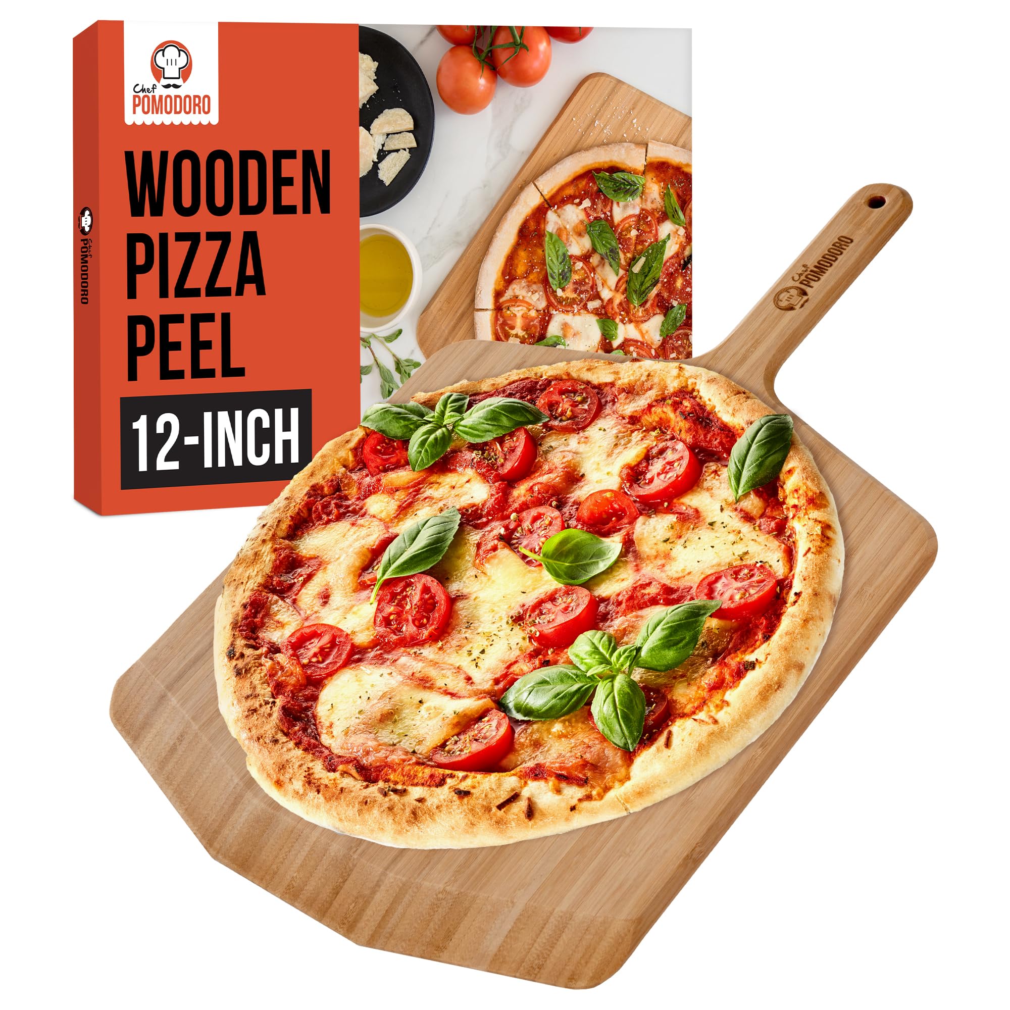 Chef Pomodoro Wooden Pizza Peel 12 inch (30 cm), Lightweight Bamboo Pizza Paddle and Pizza Board for Baking Homemade Pizza and Bread, Wooden Pizza Board, Pizza Serving Board, Pizza Oven Accessories