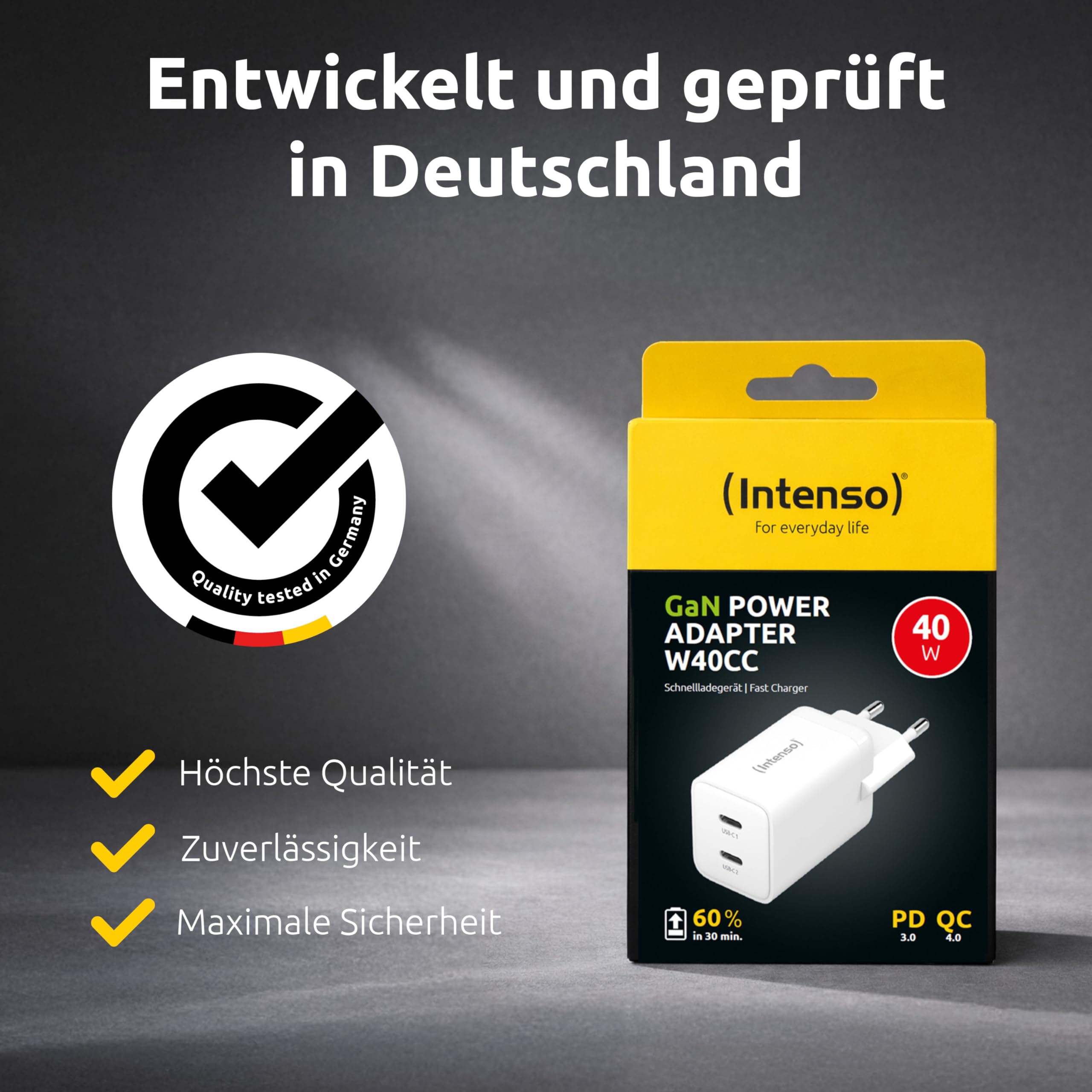 Intenso Power Adapter W40CC GaN, USB-C Netzteil mit 2 USB-C Anschlüssen, 40 Watt und GaN-Technologie für Smartphone, Laptop und mehr, weiß 9
