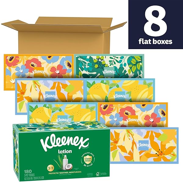 KLEENEX LOTION FACIAL TISSUES WITH COCONUT OIL, FLAT BOXE, 180 TISSUES BOX, 3-PLY