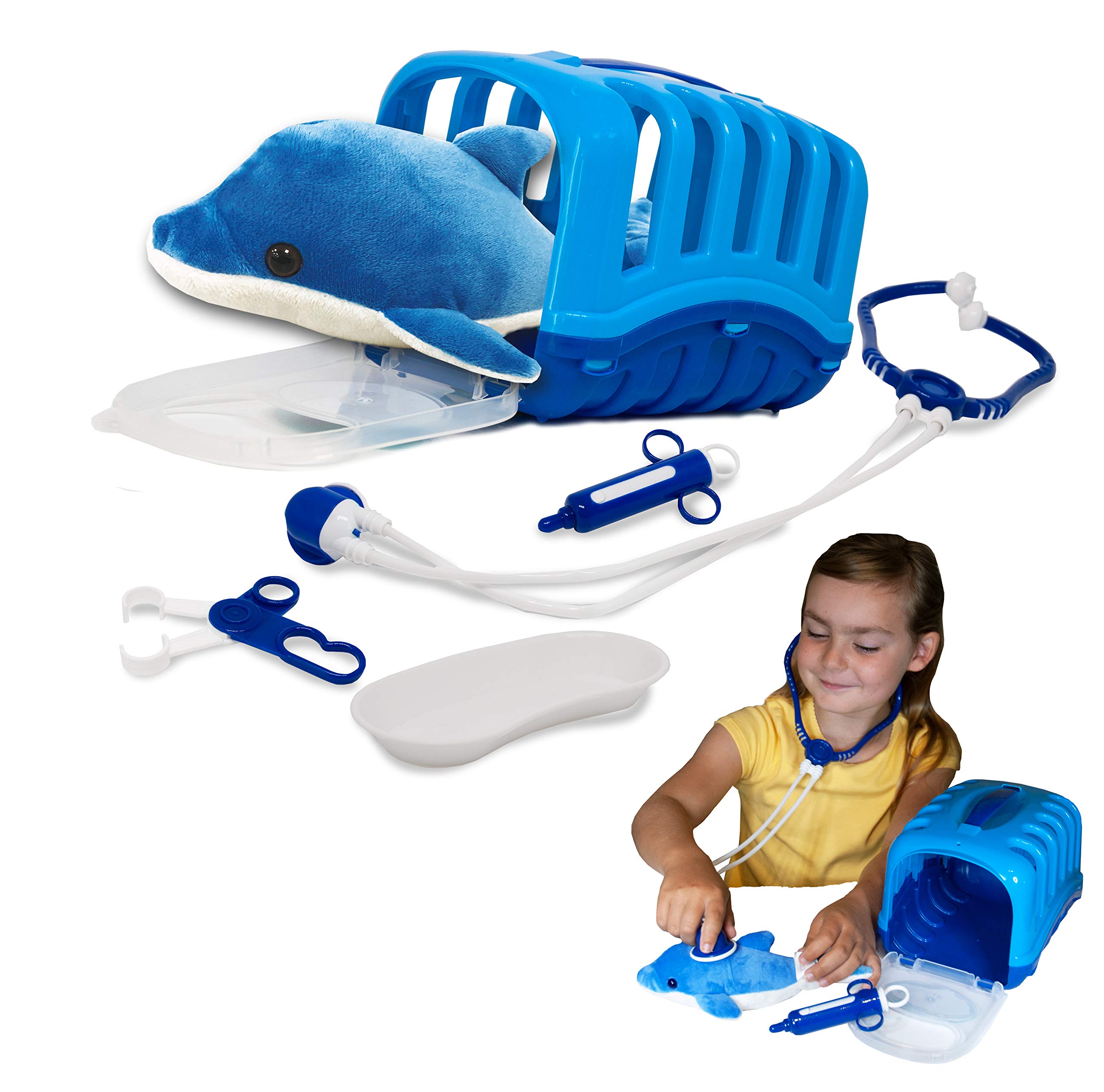 My Little Vet Basket - Baby Dolphin Set from Deluxebase, Plush Dolphin Toy Doctors Set with Pet Carrier, Stethoscope, Syringe, Tray & Vet Accessories - Pretend Play Doctor Kit for Kids