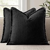 ANRODUO Set of 2 Decorative Throw Pillow Covers 18×18 Inch Soft Linen Fringe Farmhouse Boho Vintage Cushion Covers with Tassels Accent Pillowcase for Couch Sofa Bed Living Room Spring Decor Black