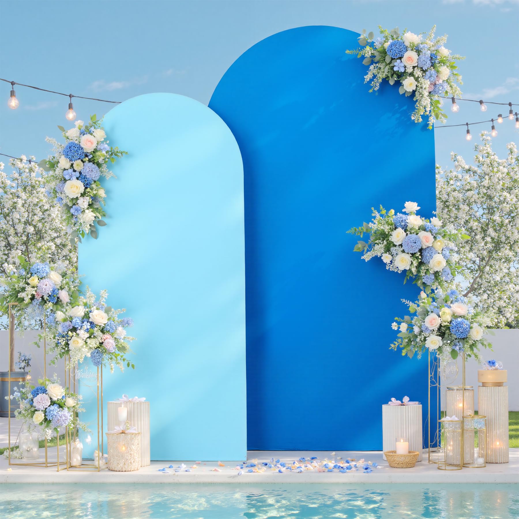 Photo 1 of Blue and Royal Blue Chiara Arch Backdrop Cover Set of 2-7.2ft 6ft Wedding Arch Covers,Wrinkle Free Stretchy Spandex Arch Stand Cover for Boy Birthday Boss Baby Party Photo Photography Background