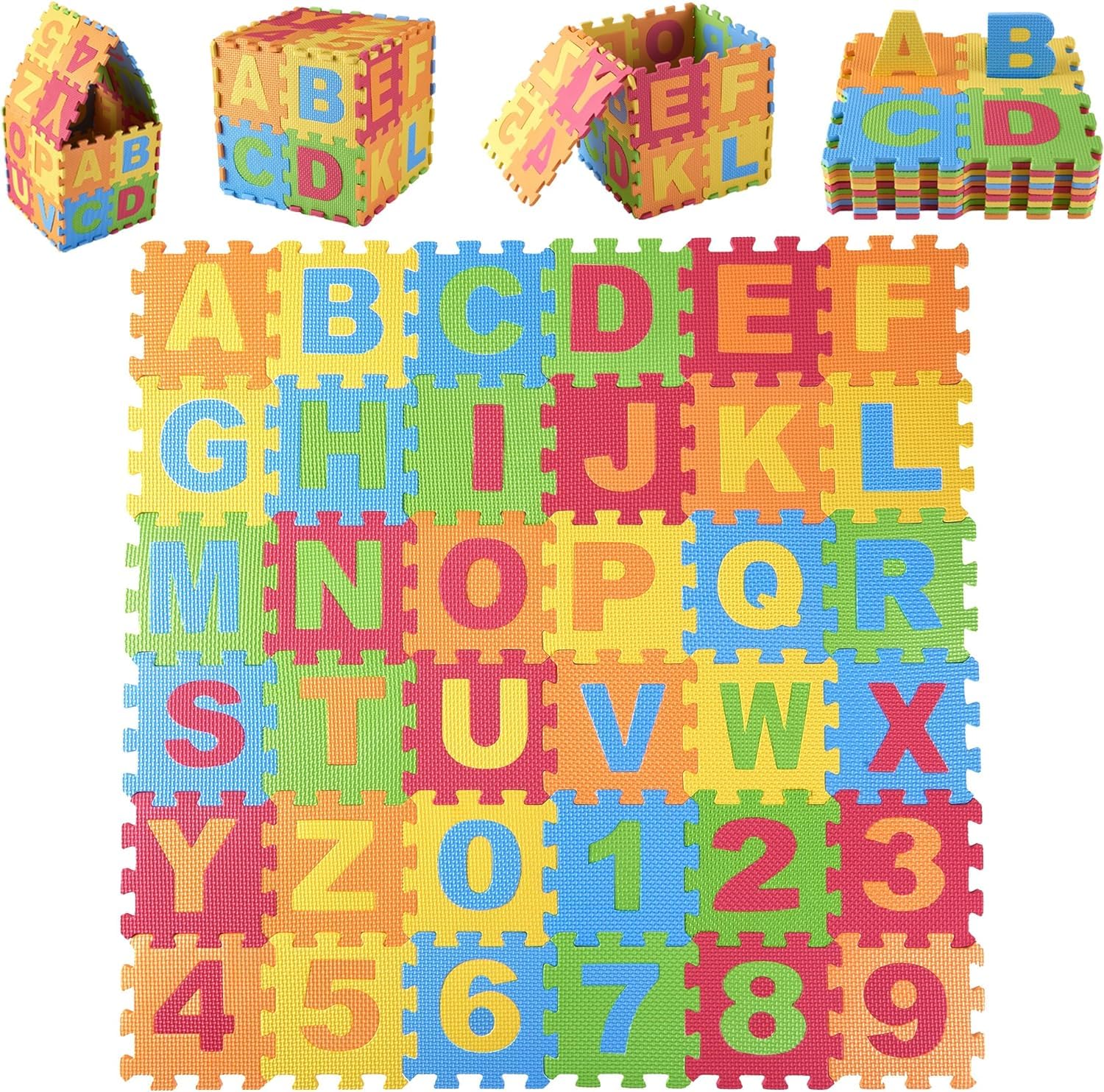 DIMPLE Kids Foam Play Mat (72 Pieces Total) 6.25 x 6.25 Inches Interlocking Alphabet and Numbers Floor Puzzle Colorful EVA Tiles Girls, Boys Soft, Reusable, Easy to Clean (2 Pack of 36)
