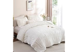 weigelia Cinched Comforter Set Queen - 3PCS Soft Cozy Cream White Queen Bedding Set with Decorative Ruched Design, Fluffy Lig