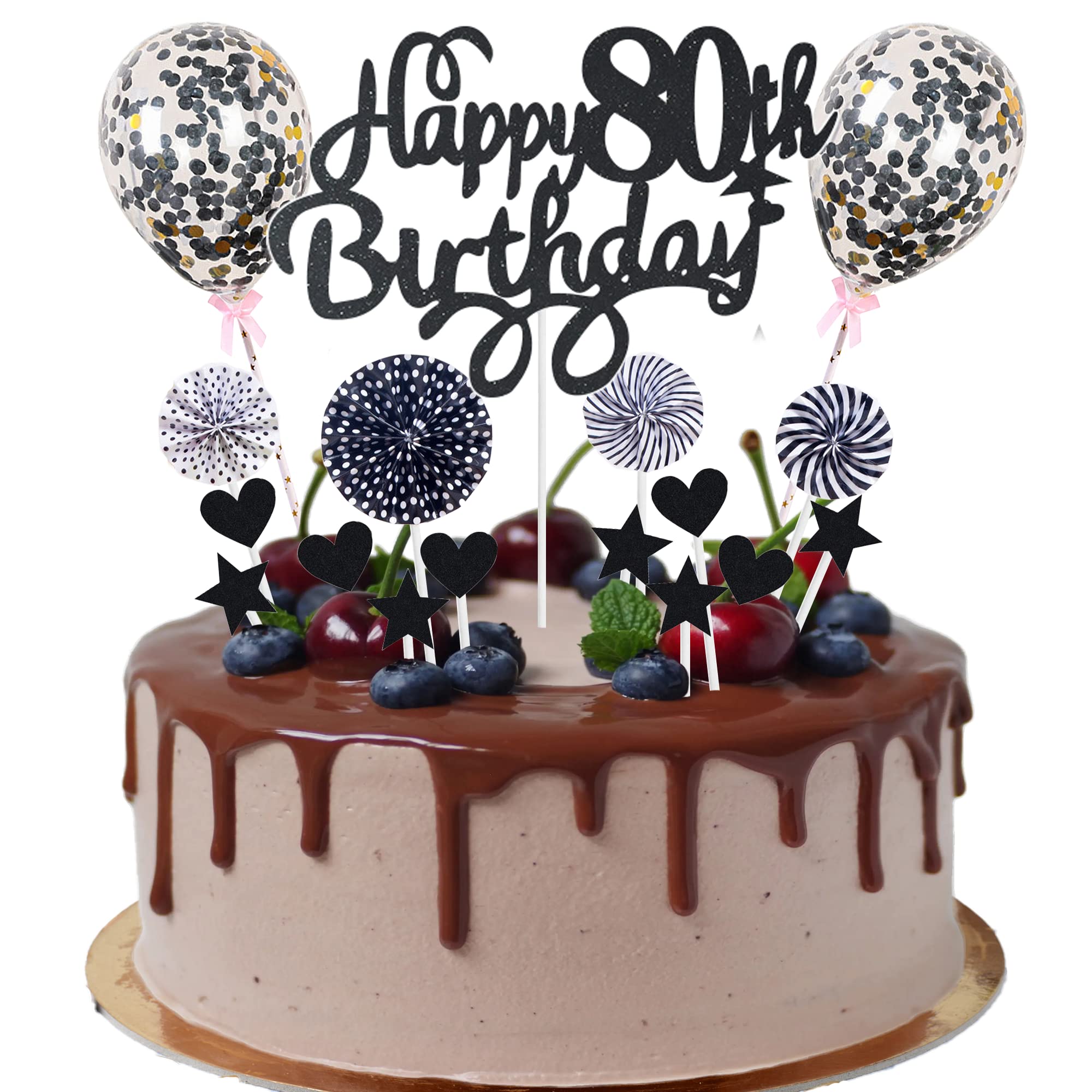 Cake Decoration 80th Birthday - Cake Topper Happy Birthday 80 Years for Men and Women - Cake Decoration Black