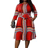 FANDEE Plus Size Midi Dress for Women - Printing Summer Dresses Casual 3/4 Sleeves Round Neck, Pockets and Belt(XL-5XL)