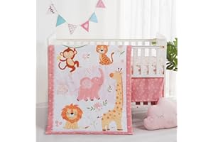lasoftan 3 Piece Baby Crib Bedding Set, Infant Nursery Bed Set Decor with Quilt + Fitted Crib Sheet + Skirt, Baby Bedding Set Breathable and Soft for Baby Boy and Girl - Pink Elephant