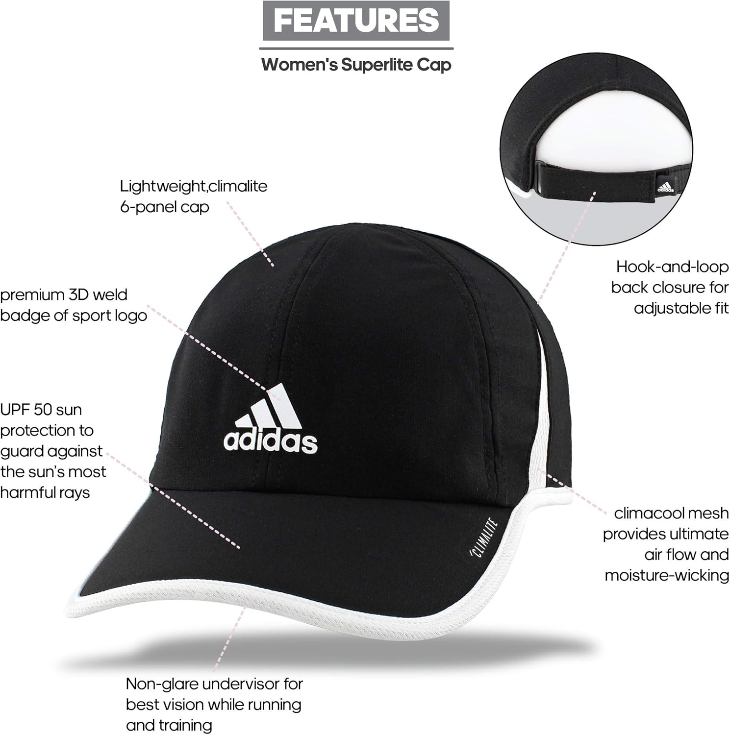 adidas Women's Superlite Relaxed Adjustable Performance Cap, Black/White, ONE SIZE: Clothing