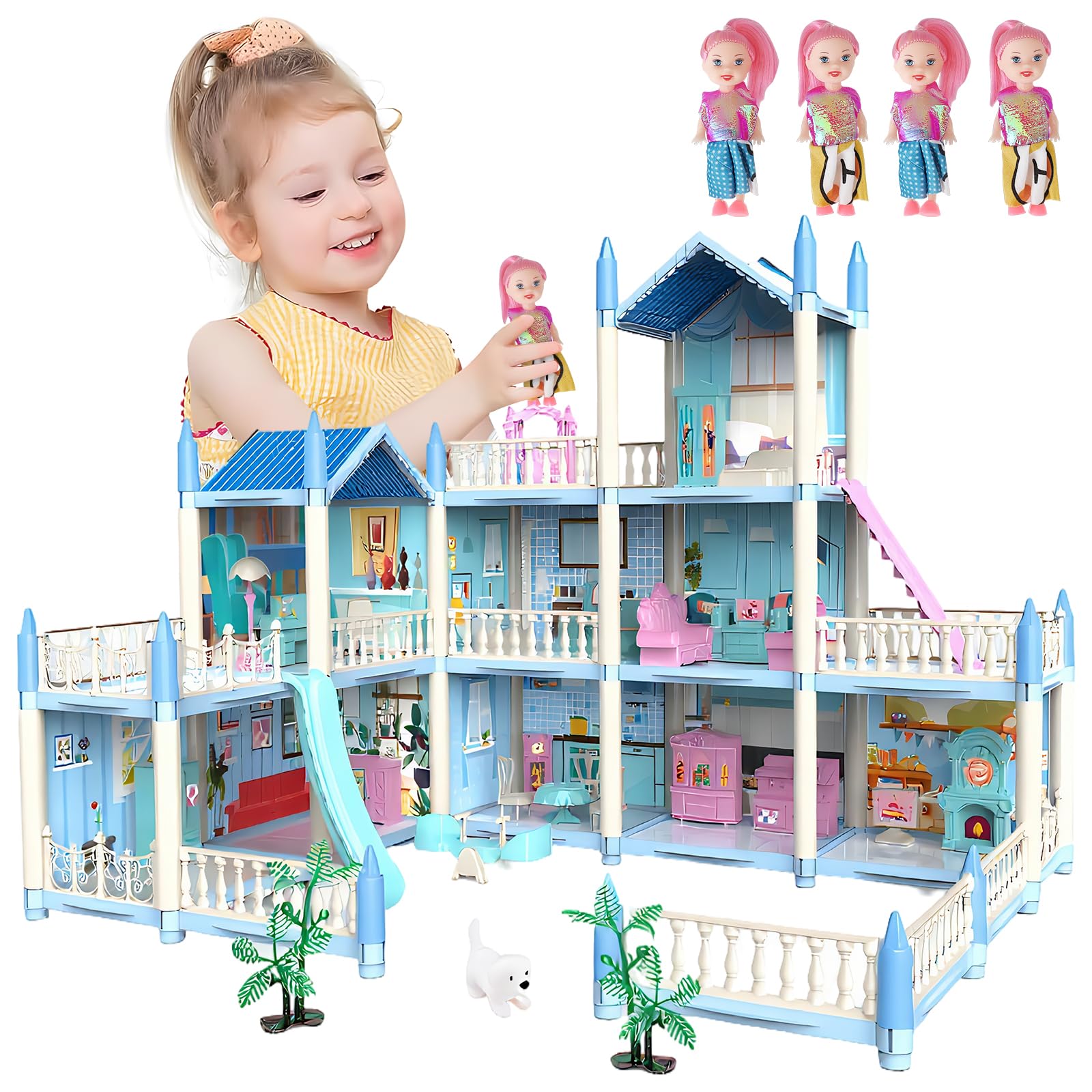 DIY Dream Dolls House, Dream House with 9 Rooms and Accessories, Blue Dream Dollhouse with LED Light, Dolls, Play Mat, Pets Playhouse Toy Gift for Girls Aged 3-13