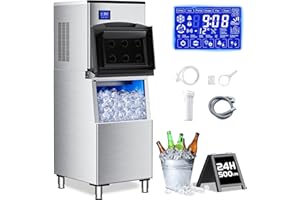 AMADVI Commercial Ice Maker Machine 500Lbs/24H with 350Lbs Large Ice Storage Bin,Stainless Steel Industrial Ice Machine 156 Ice Cubes/Cycle with Touch Screen,Self-Cleaning for Restaurants Bars Cafes