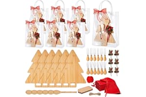 Acellegic 6 Sets Christmas Cheese Board Gift Set, Bamboo Charcuterie Board with Fork Spoon Butter Knives Towels Bags Tags Ribbon Xmas Gifts for Birthday Wedding Bridal Shower Party (Xmas Tree)