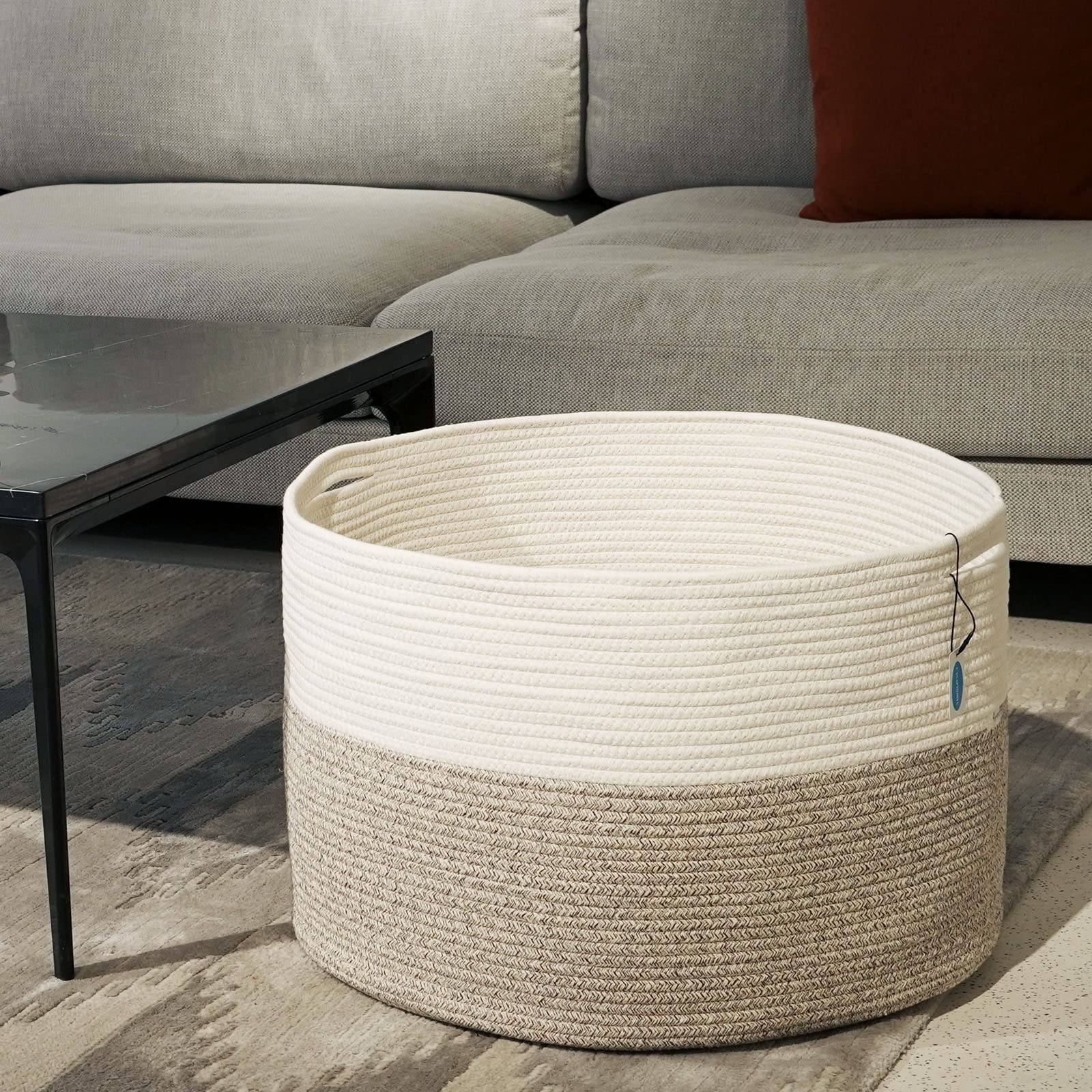 Casaphoria XXXLarge Cotton Rope Basket for Living Room - Woven Storage Basket with Handle for Blankets, Towels and Pillows Laundry Hamper | White and Brown (22