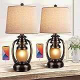 Farmhouse Bedside Table Lamps for Living Room Set of 2 Oatmeal Tapered Drum Shade Rustic Bedroom Nightstand Lamps with 2 USB 