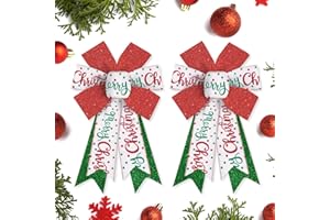 Hying 2 Pieces Christmas Bows for Wreath, Christmas Wreath Bow Glitter Green Red White Burlap Bows Winter Xmas Craft Bows Ornaments for Front Door New Year Christmas Party Decoration Supplies