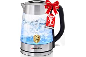 Mueller Rapid Boil Electric Tea Kettle 1.8L – Borosilicate Glass & Stainless Steel – BPA-Free Hot Water Boiler, LED Light, Auto Shut-Off, Boil Dry Protection Fast Water Heater – Kitchen Appliances
