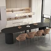 44 in-132 in Extendable Round Dining Table for 4-12, Long Large Expandable Kitchen Table with Fluted Base, Space Saving Modern Farmhouse Oval Dinner Tables for Dining Room, Kitchen, Living Room, Black