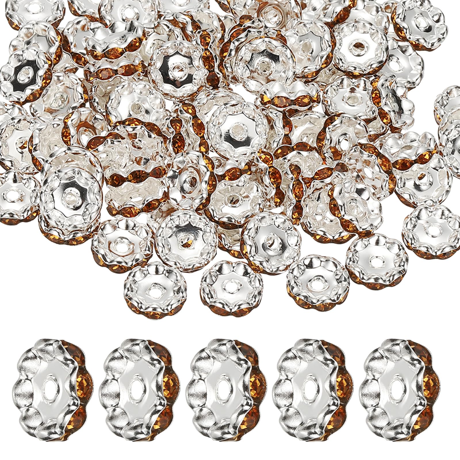 PATIKIL 12mm Wavy Rhinestone Spacer Beads, 200Pack Loose Jewelry Making Spacers Beadable Rondelle Diamond Beads DIY Bracelets Pen Silver Plated for Craft Supplies Decor, Yellow