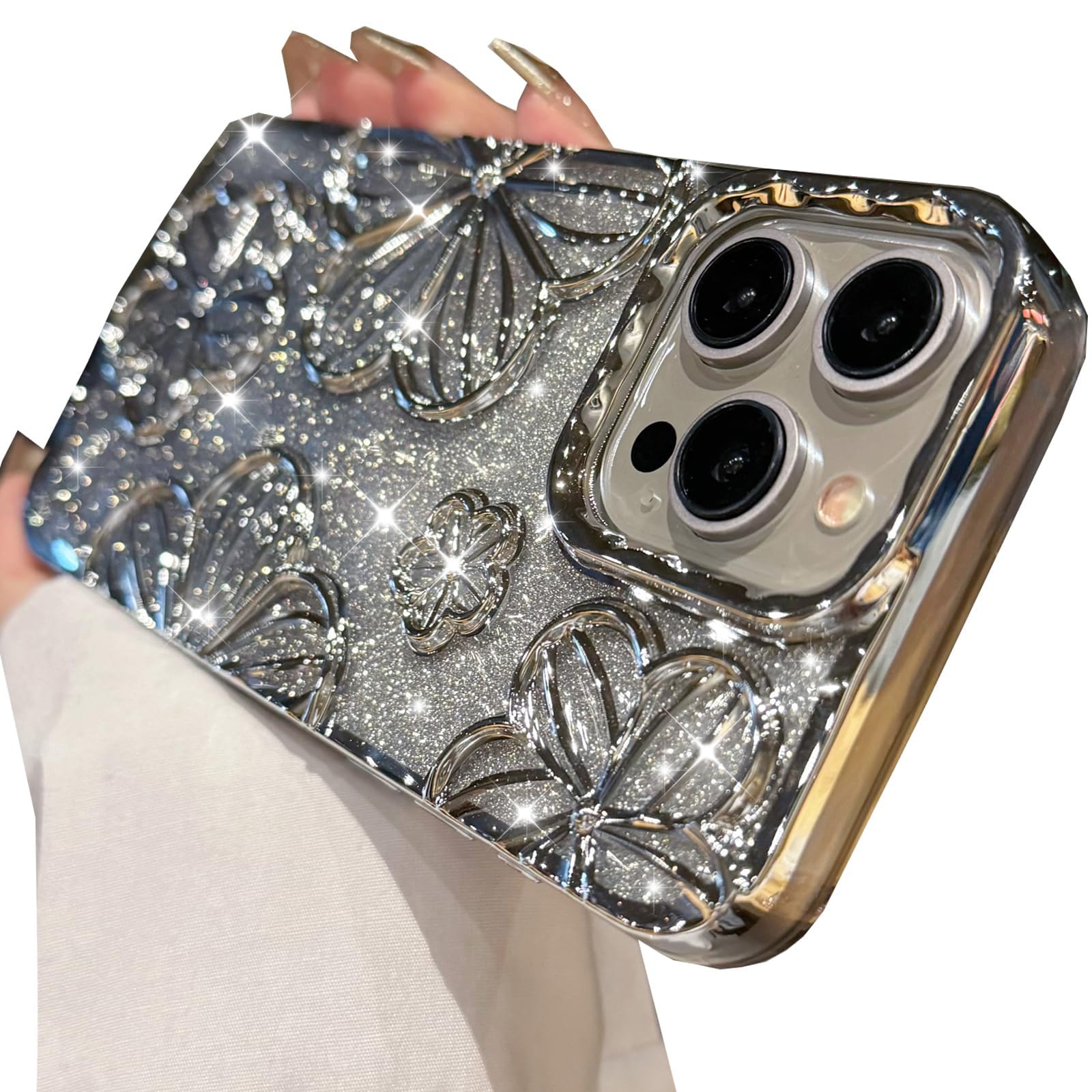 Photo 1 of Changjia Glitter 3D Flower Case for iPhone 16 Pro Max,Cute Luxury Floral Design with Gradient Bling Sparkly Paper TPU Plating Bumper Clear Shockproof Women Girls Case for iPhone 16 Pro Max 6.9",Silver